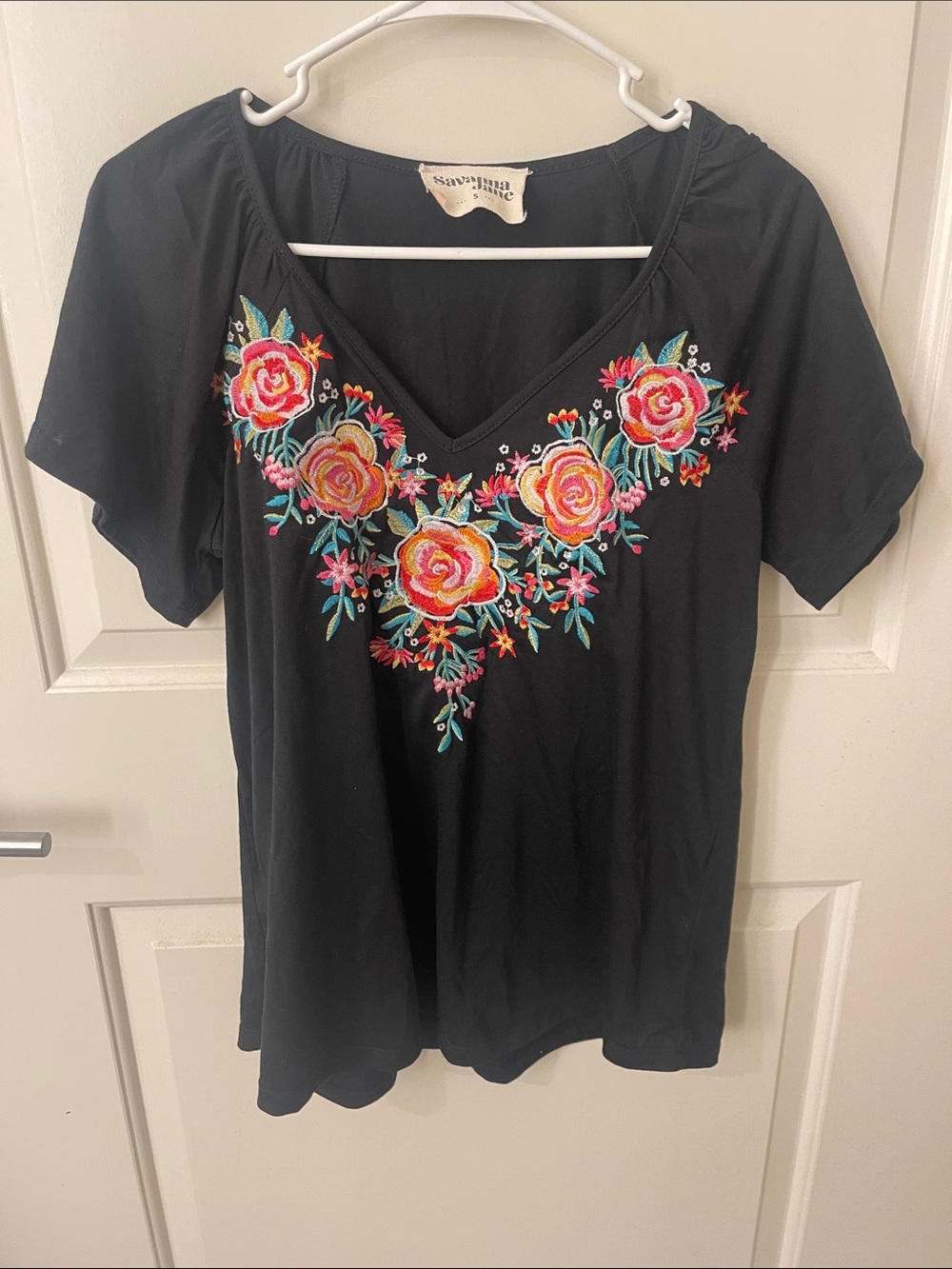 Savanna Jane Black Floral Embroidered V-Neck Top